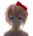  1girl blue_eyes bow crying crying_with_eyes_open depressed doki_doki_literature_club hair_bow pink_hair sad sayori_(doki_doki_literature_club) short_hair solo tears 
