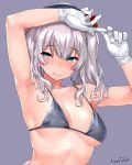  1girl armpits bangs beret bikini bikini_top black_bikini black_bikini_top black_hat blue_eyes blush breasts breasts_apart closed_mouth collarbone eyebrows_visible_through_hair gloves grey_hair happa_(cloverppd) hat kantai_collection kashima_(kantai_collection) lips looking_at_viewer medium_breasts nose_blush purple_background signature silver_hair simple_background smile solo string_bikini swimsuit tsurime twintails under_boob upper_body wavy_hair white_gloves 