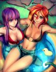  2girls bakki bikini black_bikini blonde_hair blush breasts cleavage green_eyes hair_between_eyes large_breasts long_hair looking_at_viewer multicolored_hair multiple_girls my_little_pony my_little_pony_friendship_is_magic one_eye_closed personification purple_hair red_bikini redhead rubber_duck sitting sitting_on_lap sitting_on_person smile sunset_shimmer swimsuit twilight_sparkle two-tone_hair violet_eyes wading_pool wet 