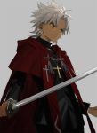  amakusa_shirou_(fate) black_jacket cape closed_mouth cross cross_necklace dark_skin dark_skinned_male earrings fate/apocrypha fate_(series) grey_background hirota_tsuu holding holding_sword holding_weapon jacket jewelry light_smile long_sleeves male_focus necklace red_cape silver_hair simple_background sword tassel upper_body weapon yellow_eyes 