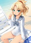  1girl absurdres beach_chair blonde_hair braid dress fate/grand_order fate_(series) green_eyes hair_ornament hair_scrunchie highres long_hair long_sleeves mordred_(fate)_(all) mordred_(swimsuit_rider)_(fate) nomu_ra_nomu ponytail red_bikini_top sailor_dress scrunchie see-through shadow short solo 