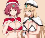  2girls angry blonde_hair blush breasts cape christmas christmas_tree cleavage fingerless_gloves gloves highres mythra_(xenoblade) pyra_(xenoblade) large_breasts long_hair looking_at_viewer multiple_girls negresco redhead short_hair smile xenoblade xenoblade_2 yellow_eyes 