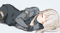  1girl black_dress black_legwear closed_eyes cropped_jacket dress gloves kantai_collection long_sleeves lying military military_uniform on_side puffy_long_sleeves puffy_sleeves sleeping smile solo truc_bui u-511_(kantai_collection) uniform white_background 