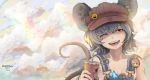 1girl alternate_costume animal_ears artist_name blizzomos brown_hat clouds cup drinking_straw grey_hair hat head_tilt highres looking_at_viewer mouse_ears mouse_tail mug naked_overalls nazrin one_eye_closed open_mouth overalls red_eyes smile solo suspenders tail teeth touhou upper_body 