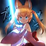  1girl :3 animal_ears blue_eyes breasts commentary_request detached_sleeves energy_sword food food_request fox_ears guchico hair_ornament hairclip kemomimi_vr_channel lightsaber long_hair looking_at_viewer nekomasu_(kemomimi_vr_channel) orange_hair pocky solo star_wars sword twintails weapon wide_sleeves 
