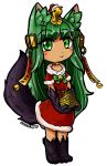 1girl :&gt; absurdres animal_ears anubis_(monster_girl_encyclopedia) artist_name bangs bell blush bow bowtie chibi choker christmas closed_mouth collar commentary commission dress english eyebrows_visible_through_hair full_body fur fur_trim green_eyes green_hair green_neckwear hair_ornament happy_new_year hat heart_in_eye hhhori highres long_hair looking_at_viewer merry_christmas metal_collar monster_girl monster_girl_encyclopedia new_year paws pyramid red_dress santa_costume santa_hat short_sleeves signature simple_background snake_hair_ornament solo standing symbol_in_eye tail very_long_hair white_background wolf_ears wolf_tail 