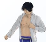  1boy bare_chest black_eyes black_hair closed_eyes expressionless fullmetal_alchemist long_sleeves male_focus navel nipples nore_(boosuke) outstretched_hand pants patch roy_mustang scar short_hair simple_background white_background 