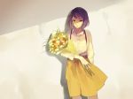  1girl bangs bouquet collared_shirt commentary cowboy_shot dress_shirt flower holding long_sleeves looking_at_viewer lowe_(slow) original purple_hair shirt short_hair skirt solo standing suspender_skirt suspenders violet_eyes white_shirt wing_collar yellow_skirt 