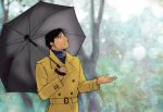  1boy belt black_eyes black_hair blurry blurry_background brown_coat coat fullmetal_alchemist grey_umbrella looking_up male_focus military military_uniform outstretched_hand roy_mustang serious short_hair simple_background smile standing tree umbrella uniform 