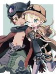  1boy 1girl 50yen ;d arm_hug blonde_hair brown_eyes brown_gloves brown_hair cape dark_skin dark_skinned_male glasses gloves green_eyes hat helmet made_in_abyss one_eye_closed open_mouth pointing pointy_ears regu_(made_in_abyss) riko_(made_in_abyss) shirtless shorts smile standing standing_on_one_leg whistle 