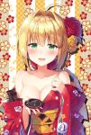  1girl :d alcohol bangs blonde_hair blush breasts cleavage collarbone cup eyebrows_visible_through_hair fate/grand_order fate_(series) flower green_eyes hair_between_eyes hair_ornament holding japanese_clothes kimono large_breasts looking_at_viewer masuishi_kinoto nero_claudius_(fate)_(all) open_mouth rose sakazuki sake simple_background smile solo 
