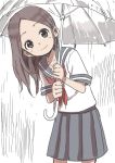  1girl absurdres blouse blue_sailor_collar blue_skirt blush brown_eyes brown_hair character_request closed_mouth commentary_request forehead highres holding holding_umbrella karakai_jouzu_no_takagi-san long_hair looking_at_viewer neckerchief no_bangs pleated_skirt red_neckwear sailor_collar short_sleeves simple_background skirt smile solo takagi-san umbrella white_background white_blouse yamamoto_souichirou 