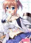  1girl adjusting_clothes anchor azur_lane bare_shoulders blue_eyes blue_skirt blush braid breasts brown_hair cannon collarbone cover cover_page doujin_cover endori french_braid gloves grey_background halterneck hat looking_at_viewer machinery midriff mini_hat miniskirt navel one_side_up open_mouth pleated_skirt rating repulse_(azur_lane) short_hair simple_background skirt smile smokestack solo thigh-highs white_gloves white_legwear zettai_ryouiki 