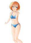  1girl barefoot bikini blue_bikini blush empty_eyes kousaka_honoka looking_at_viewer love_live! love_live!_school_idol_project orange_hair pixiv ribbon short_hair solo white_background yumyeong_honoka 