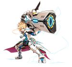  1boy :o armor black_pants blonde_hair blue_eyes boots cannon chung_seiker elsword fighting_stance full_armor full_body gloves holding holding_weapon huge_weapon hwansang long_hair male_focus metal_boots official_art open_mouth pants pauldrons solo spiky_hair surcoat tactical_trooper_(elsword) thigh-highs thigh_boots weapon 