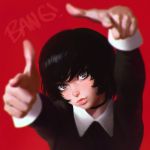  1girl black_hair blue_eyes blurry choker depth_of_field english face finger_gun ilya_kuvshinov lips original pointing red_background revision short_hair simple_background solo upper_body 