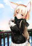  1girl animal_ears backpack bag blonde_hair blue_sky blush bridge brown_eyes clouds coat commentary_request day fennec_(kemono_friends) fox_ears fox_tail gloves highres holding kemono_friends kinou_no_shika looking_at_viewer outdoors river scarf skirt sky smile solo tail tree upper_body water white_gloves white_skirt winter_clothes winter_coat 