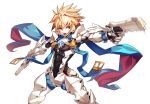  1boy :o armor blonde_hair blue_eyes brown_hair chung_seiker cowboy_shot deadly_chaser_(elsword) dual_wielding elsword full_armor gloves gun hair_flaps highres holding holding_gun holding_weapon looking_at_viewer male_focus multicolored_hair official_art open_mouth ress scarf solo spiky_hair streaked_hair two-tone_hair weapon 
