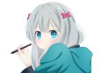  1girl absurdres blue_eyes blush bow closed_mouth eromanga_sensei eyebrows_visible_through_hair hair_bow highres hofumaso izumi_sagiri looking_at_viewer pink_bow silver_hair smile solo stylus upper_body 