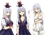  1girl :o bangs bloomers blue_dress blue_hair blue_hat breast_hold breasts camisole cleavage closed_mouth dress hat kamishirasawa_keine large_breasts looking_at_viewer multiple_views okoge_senbei short_sleeves simple_background touhou underwear white_background white_hair 