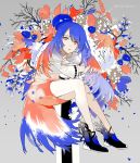 1girl 2017 bangs blue_hair crossed_arms eyebrows_visible_through_hair fingernails flower gradient_hair happy_new_year invisible_chair long_hair long_sleeves looking_at_viewer lowe_(slow) multicolored_hair nail_polish new_year original parted_lips redhead shoes sitting skirt solo white_nails 