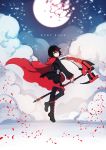  1girl broken_moon cape character_name clouds crescent_rose ecru grey_eyes moon petals redhead ruby_rose rwby solo 