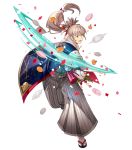  1boy alternate_costume fire_emblem fire_emblem_heroes fire_emblem_if food fruit full_body grey_hair highres japanese_clothes kimono kotetsu_(popeethe) leaf long_hair male_focus official_art open_mouth orange orange_eyes ponytail sandals scarf solo takumi_(fire_emblem_if) transparent_background 