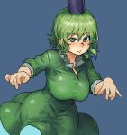  1girl bangs blue_background blush breasts chanta_(ayatakaoisii) closed_mouth dress eyebrows_visible_through_hair green_dress green_eyes green_hair hair_between_eyes hat highres large_breasts long_sleeves looking_at_viewer purple_hat short_hair simple_background soga_no_tojiko solo standing touhou 