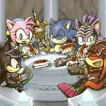  2girls 3boys amy_rose armor blaze_the_cat book chili_dog closed_eyes food green_eyes happy knight knuckles_the_echidna laughing lowres multiple_boys multiple_girls one_eye_closed reading shadow_the_hedgehog sitting smile sonic sonic_and_the_black_knight sonic_the_hedgehog sword weapon yellow_eyes 