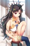  anklet armlet asahina_hikage asymmetrical_legwear asymmetrical_sleeves bangs bare_shoulders black_hair black_ribbon bridal_gauntlets commentary_request crown detached_collar earrings elbow_gloves fate/grand_order fate_(series) gloves hair_ribbon heavenly_boat_maanna hoop_earrings ishtar_(fate/grand_order) jewelry long_hair looking_at_viewer neck_ring parted_bangs pelvic_curtain red_eyes ribbon single_elbow_glove single_thighhigh thigh-highs toeless_legwear two_side_up 
