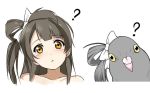 1girl :3 ? bangs bird blunt_bangs blush bow caidychen closed_mouth collar commentary_request eyebrows_visible_through_hair grey_hair hair_bow head_tilt long_hair love_live! love_live!_school_idol_project minami_kotori nude parody pigeon simple_background white_background yellow_eyes 