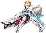  1boy :o armor black_pants blonde_hair blue_eyes boots brown_hair cannon chung_seiker elsword full_armor full_body gloves holding holding_weapon huge_weapon long_hair looking_at_viewer male_focus multicolored_hair official_art open_mouth pants pauldrons ress solo spiky_hair streaked_hair surcoat tactical_trooper_(elsword) thigh-highs thigh_boots two-tone_hair weapon 
