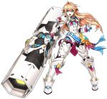  1boy :o ahoge armor blonde_hair blue_eyes blue_ribbon boots brown_hair cannon chung_seiker elsword full_armor full_body gloves hair_flaps holding holding_weapon huge_weapon iron_paladin_(elsword) long_hair looking_at_viewer male_focus multicolored_hair official_art open_mouth red_ribbon ress ribbon solo standing streaked_hair thigh-highs thigh_boots two-tone_hair weapon 