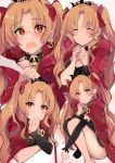  1girl ashino asymmetrical_legwear asymmetrical_sleeves bangs blonde_hair blush cape closed_eyes commentary_request detached_collar ereshkigal_(fate/grand_order) fate/grand_order fate_(series) hair_ribbon heart highres long_hair looking_at_viewer multiple_views open_mouth parted_bangs red_cape red_eyes red_ribbon ribbon single_detached_sleeve single_sleeve single_thighhigh skull smile spoken_heart thigh-highs tiara translation_request two_side_up wavy_mouth 