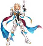  1boy :o aiming armor blonde_hair blue_eyes boots brown_hair chung_seiker deadly_chaser_(elsword) dual_wielding elsword full_armor full_body gloves gun holding holding_gun holding_weapon looking_at_viewer male_focus multicolored_hair official_art open_mouth ress scarf solo spiky_hair standing streaked_hair symbol-shaped_pupils two-tone_hair weapon 