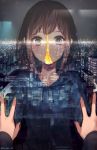  1girl bangs blue_hoodie brown_eyes brown_hair cityscape commentary_request drawstring hands_on_window highres looking_at_viewer night night_sky original pov reflection ria_(akl14) short_hair sky solo sparkle star_(sky) starry_sky tokyo_tower window 
