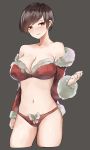  1girl absurdres bare_shoulders black_hair blush breasts cleavage clenched_hand collarbone cowboy_shot earrings fur-trimmed_bikini grey_background highres jacket jacket_removed jewelry large_breasts looking_at_viewer midriff navel norman_maggot ol-chan_(norman_maggot) original red_jacket santa_bikini short_hair simple_background solo 