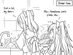 2girls blush bowl commentary detached_sleeves dishwashing english faucet food from_behind greyscale guin_guin hair_ornament hairclip houshou_(kantai_collection) kantai_collection long_hair monochrome multiple_girls open_mouth plate ponytail yamakaze_(kantai_collection) 