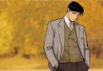  1boy black_eyes black_hair blurry blurry_background coat formal fullmetal_alchemist grey_coat hand_in_pocket looking_away male_focus necktie pants roy_mustang serious shaded_face shirt short_hair simple_background smile standing waistcoat white_shirt yellow_background 