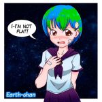  1girl artist_request bandaid blush brown_eyes earth-chan_(felipecunhaeloi) english hair_ornament hairpin hand_on_own_chest multicolored_hair original personification school_uniform short_hair solo space star starry_background wavy_mouth 