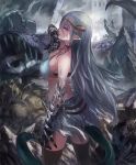  1girl artist_request bandage black_skin corpse cygames demon_girl demon_horns demon_tail expressionless horns long_hair looking_at_viewer looking_back monster multicolored multicolored_skin official_art pink_eyes pointy_ears revealing_clothes ruins safira_synthetic_beast shadowverse shingeki_no_bahamut tail thigh-highs torn_clothes white_hair 