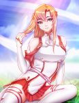  asuna_(sao) brown_eyes brown_hair closed_mouth eyebrows_visible_through_hair highres holding holding_hair pink_lady_mage smile sword_art_online 
