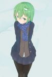  1 alternate_outfit blush cardigan footprints frog girl green_eyes green_hair kochiya_sanae long_hair noric pantyhose scarf skirt snow touhou 