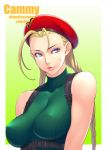  1girl bare_shoulders beret blonde_hair blue_eyes breasts cammy_white character_name erect_nipples hat ken19941028 long_hair parted_lips scar solo street_fighter street_fighter_v upper_body 