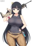  1girl assault_rifle bare_shoulders black_hair blue_eyes breasts camouflage camouflage_pants cosplay dog_tags erect_nipples explosive fingerless_gloves fortnite gloves gluteal_fold grenade gun hand_on_hip ikaruga_(senran_kagura) kainkout large_breasts light_smile long_hair pants ramirez_(fortnite) ramirez_(fortnite)_(cosplay) rifle senran_kagura senran_kagura_(series) solo thighs very_long_hair weapon 