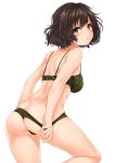  1girl akiyama_yukari ass bangs bra breasts brown_eyes brown_hair camouflage camouflage_bra camouflage_panties girls_und_panzer harino646 highres looking_back medium_breasts messy_hair panties short_hair simple_background solo underwear underwear_only white_background 