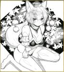  1girl animal_ears bangs bare_shoulders bikini breast_hold breasts cleavage crossed_arms detached_sleeves graphite_(medium) greyscale hat highres inubashiri_momiji leaf looking_at_viewer mechanical_pencil medium_breasts millipen_(medium) monochrome oshake pencil pom_pom_(clothes) sitting solo swimsuit tail thigh-highs tokin_hat touhou traditional_media wariza wolf_ears wolf_tail 