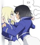  2girls against_wall andou_(girls_und_panzer) angry arm_grab bangs bc_freedom_military_uniform black_hair blonde_hair blue_eyes blue_jacket blue_vest brown_eyes clothes_grab dark_skin dirty_face eyebrows_visible_through_hair from_side frown girls_und_panzer grimace high-waist_skirt jacket jacket_grab letter long_sleeves looking_at_another multiple_girls oshida_(girls_und_panzer) parted_lips restrained short_hair simple_background skirt standing vest wata_do_chinkuru white_background white_skirt yuri 