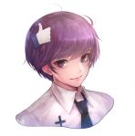  ahoge androgynous artist_name bangs blue_neckwear closed_mouth collared_shirt facebook facebook_like hair_ornament looking_at_viewer necktie original portrait purple_hair shal.e shirt simple_background smile solo violet_eyes white_background white_shirt wing_collar 