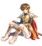  1boy arm_guards armor breastplate brown_eyes brown_hair cape fire_emblem fire_emblem:_seisen_no_keifu fire_emblem:_thracia_776 holding holding_sword holding_weapon leaf_(fire_emblem) looking_at_viewer pauldrons simple_background solo sword weapon white_background 